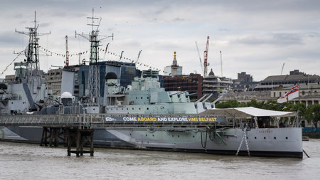 HMS Belfast, former Royal Navy WW2 light cruiser, now a museum ship, berthed on River Thames in London.のeditorial素材