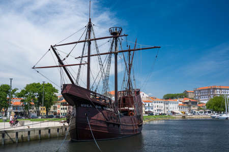 Portuguese sailing ship in harbour at Vila do Conde, Portugal.のeditorial素材