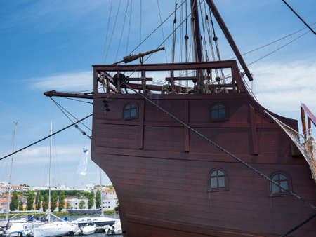 Stern of old 16th century Portuguese sailing ship replica in Vila do Conde, Porto, Portugal.のeditorial素材