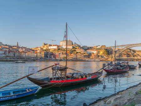 River Douro in Porto, Portugal with port wine boats in foreground.のeditorial素材