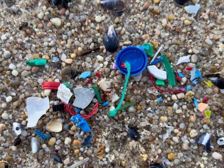 Plastic pieces washed up on beach, illustrating plastic pollution in ocean.の写真素材