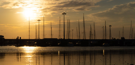 Masts of sailing boats and yachts in silhouette at sunset in Povoa de Varzim harbour, Portugal.の写真素材