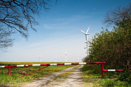 Wind turbine behind the barrier and trees