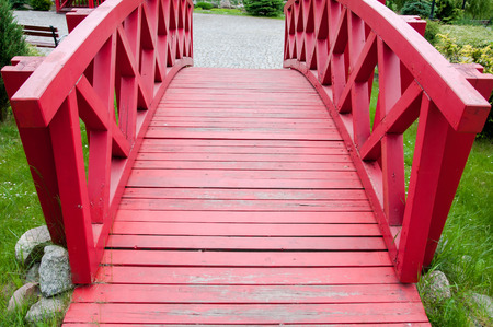 Red wooden bridge closeupの写真素材