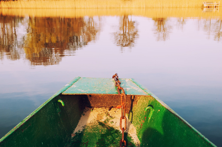Prow boat on lakeの写真素材