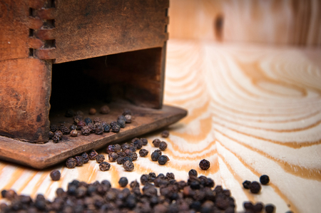Vintage pepper mill and dried spices on wooden backgroundの写真素材
