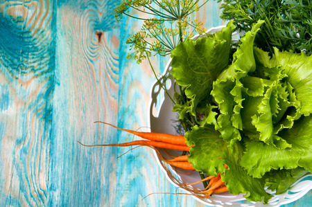 Carrots, salad and fennel on blue wooden tableの写真素材