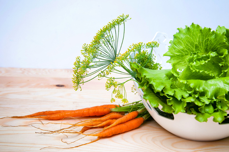 Carrots, salad and fennel on wooden tableの写真素材