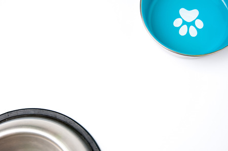 Empty pets bowls isolated on whiteの写真素材