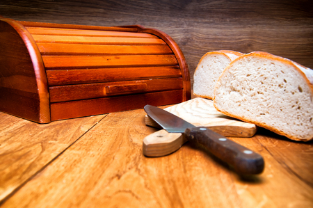 Fresh bread on wooden backgroundの写真素材