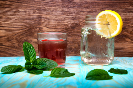 Cold alcohol drink on wooden backgroundの写真素材