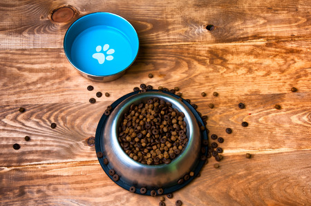 Full dog's bowls on wooden backgroundの写真素材