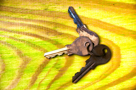 Old rusty keys on green wooden table