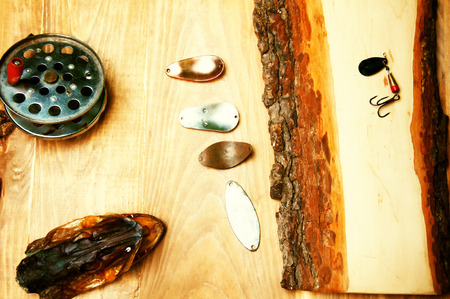 The composition of fishing lures, pike and old-fashioned reelの写真素材