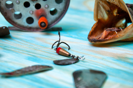 The composition of fishing lures, pike and old-fashioned reelの写真素材