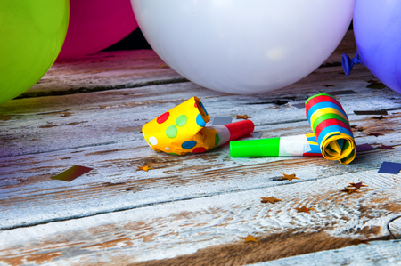 Party decoration - balloons, whistle, confetti. Copyspaceの写真素材