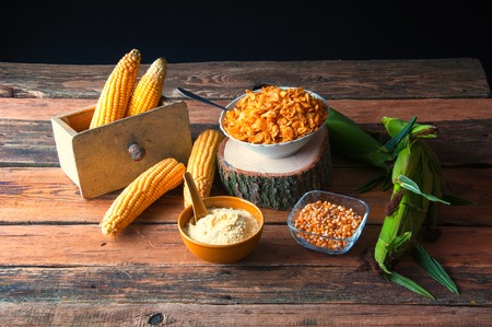 Fresh corn with corn flakes and corn flourの写真素材