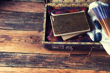 Packed suitcase. Vintage retro. Top view. Copyspaceの写真素材