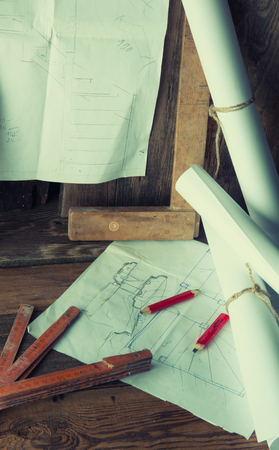 Carpenter's plans and toolsの写真素材