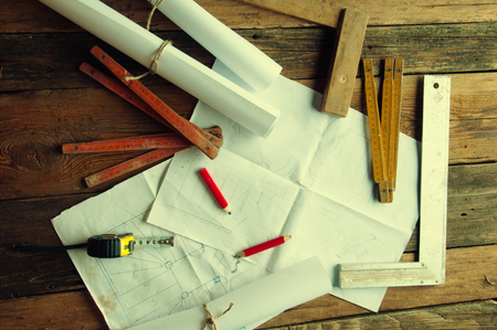 Carpenter's plans and tools. Top viewの写真素材