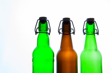 Green and brown beer bottles. Retro. Isolatedの写真素材