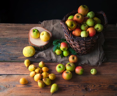 Wild apples and pears in basketの写真素材
