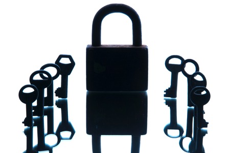 Old rusty padlocks and keys on white background. Mirror