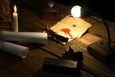 Writing a letter with quill and sealing. Vintageの写真素材