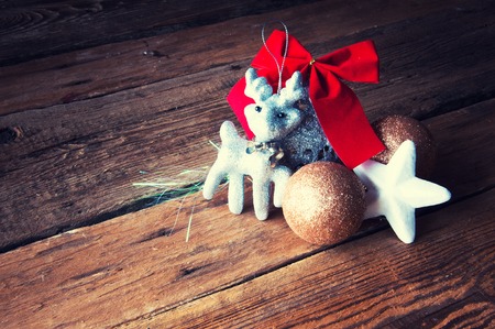 Christmas tree decorations on wooden background. Copyspaceの写真素材