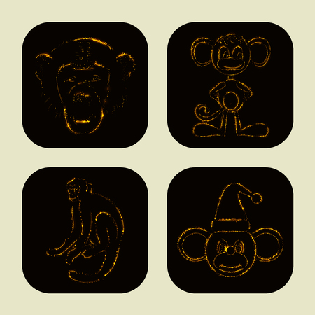 Monkey icons of gold lights on dark backgroundのイラスト素材