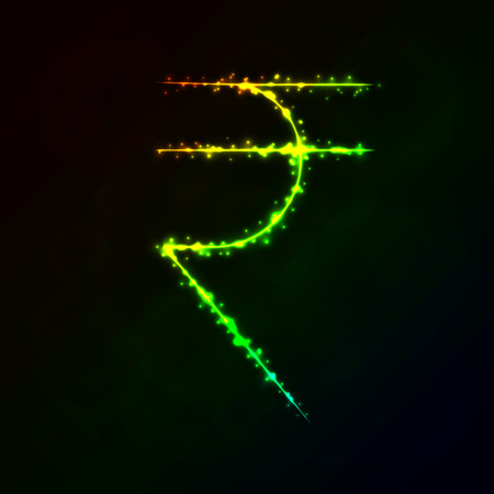 Rupee Sign Illustration Icon, Lights Silhouette on Dark Background. Glowing Lines and Pointsのイラスト素材