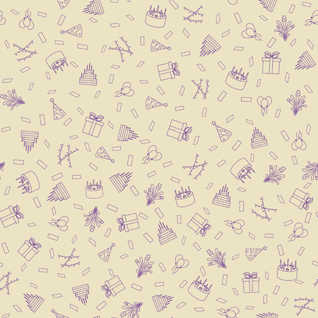 Happy Birthday Freehand Drawings Seamless Pattern. Hand Drawn Birthday Elements Background. Baloon, Cake, Gift, Fireworks.のイラスト素材