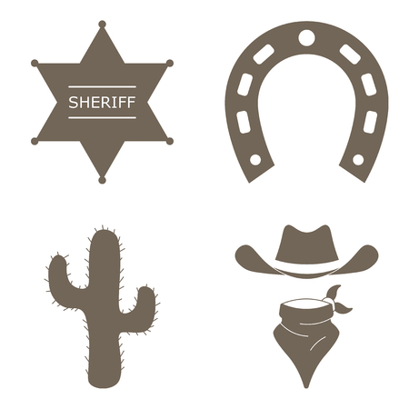 Wild west realistic icons set with cowboy hat, cactus, star sheriff and horseshoe, isolated vector illustration.のイラスト素材