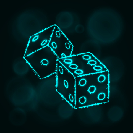 Dice icon. Two game dices, casino symbol lights silhouette design on dark background. Vector illustration. Glowing Lines and Points. Cyan color.のイラスト素材