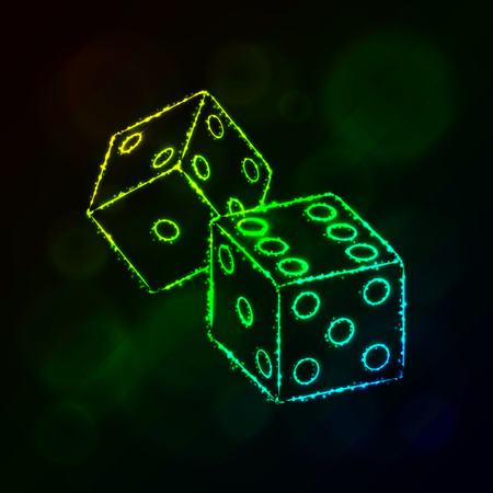 Dice icon. Two game dices, casino symbol lights silhouette design on dark background. Vector illustration. Glowing Lines and Points. Gradient color.のイラスト素材