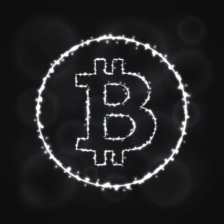 Bitcoin vector icon. Bitcoin symbol for your web site design, internet, graphic interface, business. Bitcoin illustration sign, lights silhouette on dark background. Bitcoin glowing lines and points.のイラスト素材