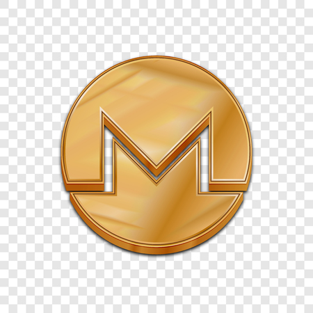 Golden monero coin symbol isolated web vector icon. Monero coin trendy 3d style vector icon. Raised symbol illustration. Golden monero coin crypto currency sign.のイラスト素材