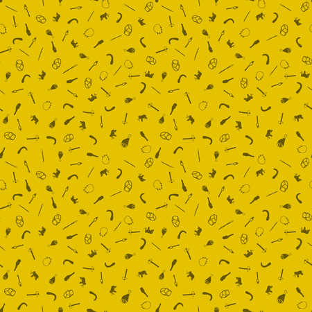 Stone Age Themed Freehand Drawings Seamless Pattern. Hand Drawn Stone Age Elements Background. Stone, Meat, Spear, Cudgel, Torch, Axe, Mammoth, Tusk Necklaceのイラスト素材