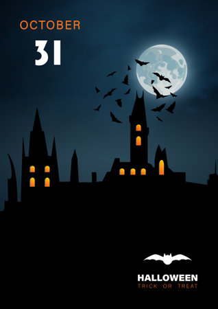Halloween vertical background with haunted house and full moon.のイラスト素材