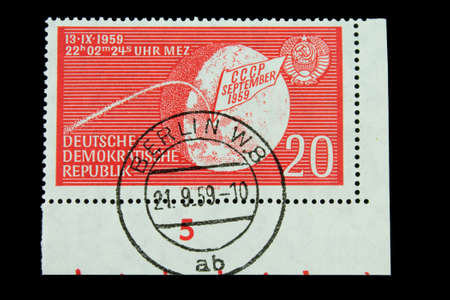 Postage stamp from the GDR No. 721. dated 09/21/1959. Landing of the Soviet space rocket "Lunik 2" on the moon.の写真素材