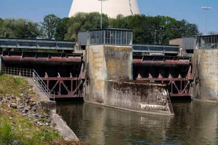 Two locks of a hydropower plant with a machine house.の写真素材