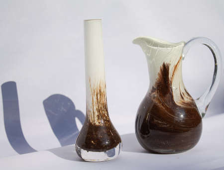 Murano a stem vase and a pitcher vase in brown beige. Mouth blown.の写真素材
