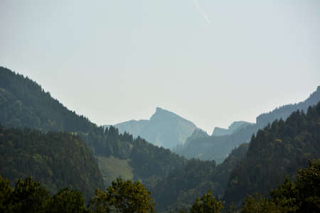 The mountain in the background bears the name Hoher Ifen. Extensive forest areas can be seen in the foreground.の写真素材