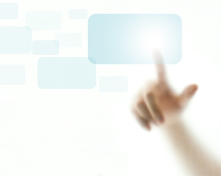 Finger pushing light blue button