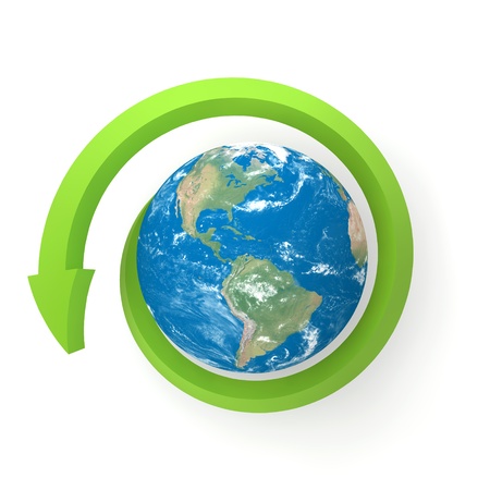 Realistic globe with spiral green arrow for recycle and eco conceptの写真素材