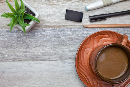 Work space on top view with coffeeの写真素材