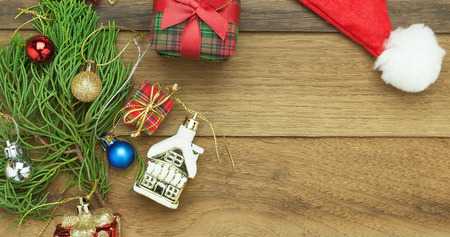 Christmas and happy new year concept with wooden backgroundの写真素材