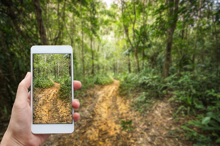 Business conceptual- Focused on left hand holding mobile with Trekking nature blurred background