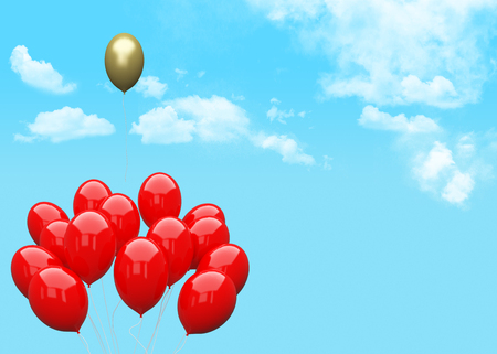 Escape conceptual- red balloon holding cloud into the sky backgroundの写真素材