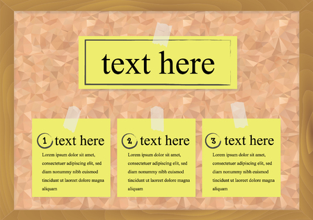 Yellow paper template attached on cork board for infographics and option designのイラスト素材